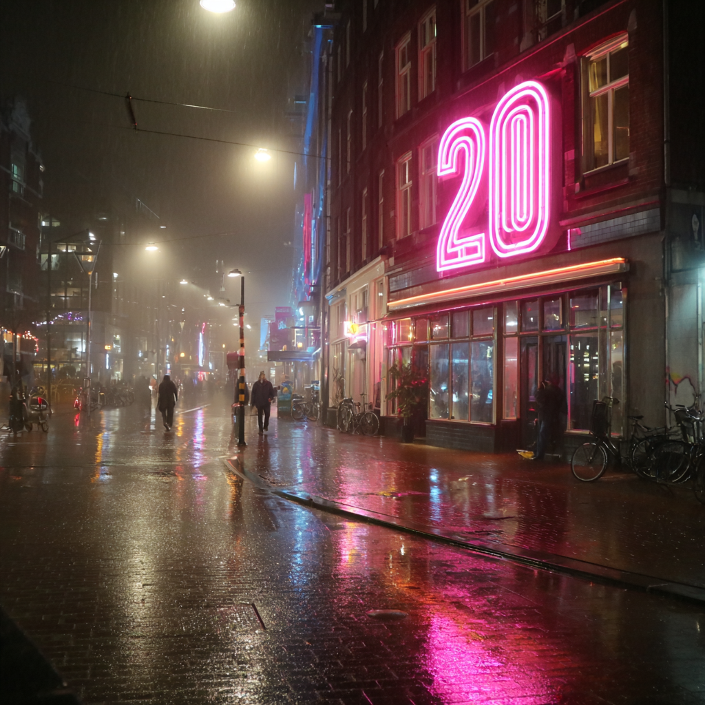 het getal 20 boven in winkel in nachtelijk amsterdam